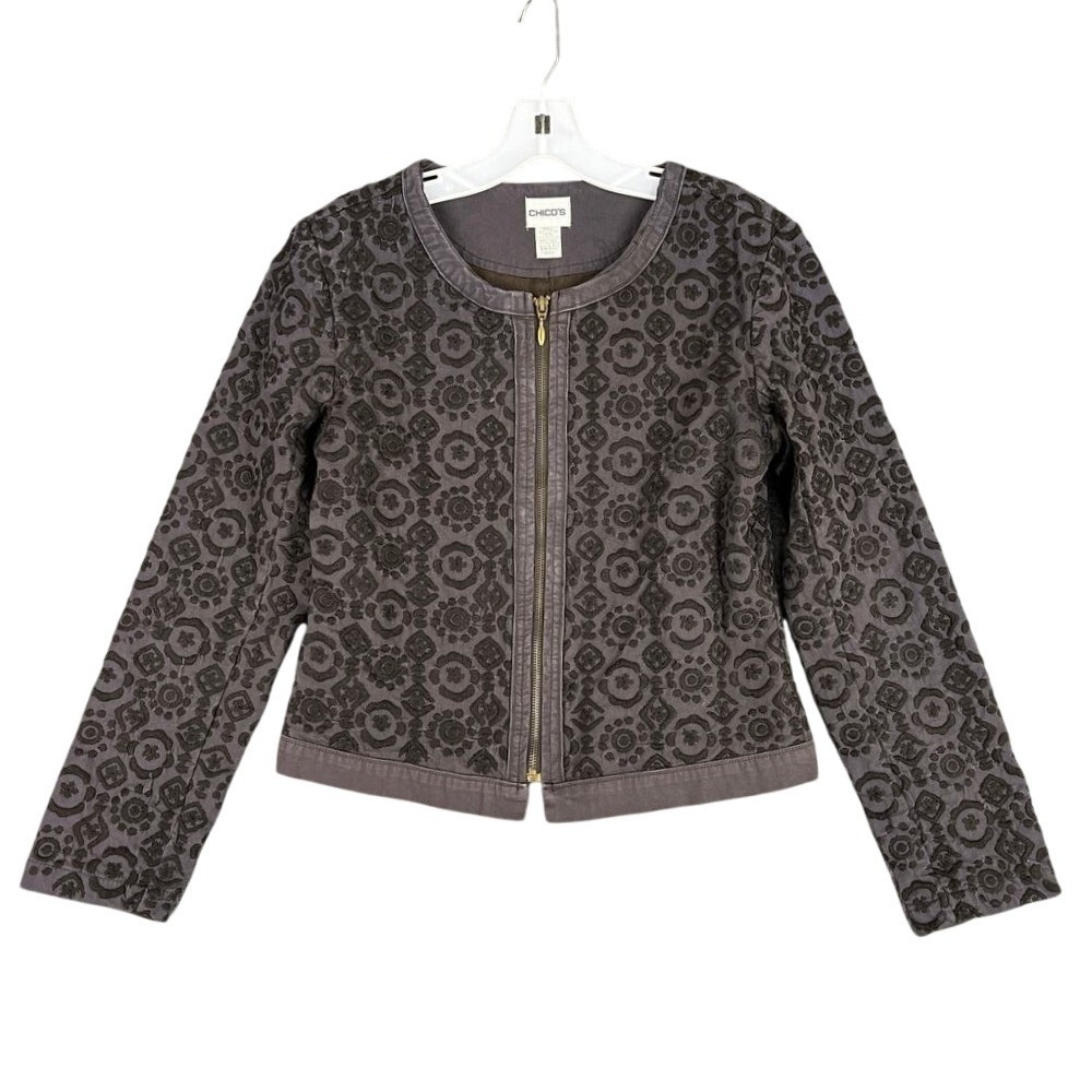 Chicos Zip Front Jacket Women S Embroidered Cotton Structured Cropped‎ Layer